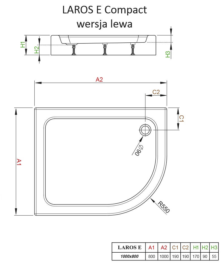 Brodzik asymetryczny Laros E Radaway lewy schemat